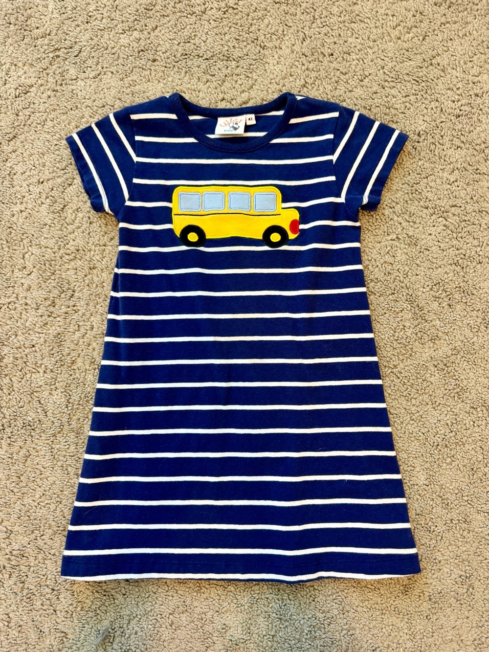 Navy Striped Kids Dress with Yellow Bus Applique